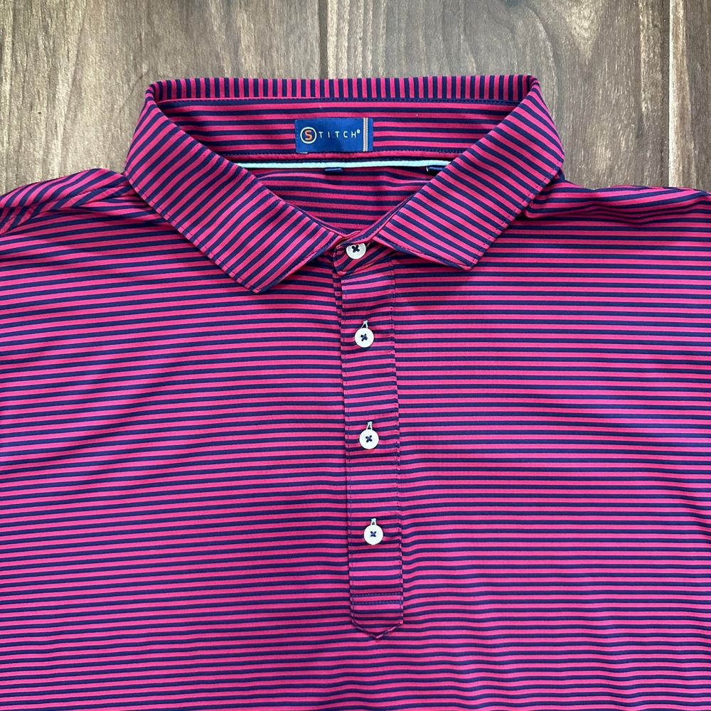 Stitch Golf Polo Shirt Mens XL Pink Navy Blue Striped Performance Short Sleeve